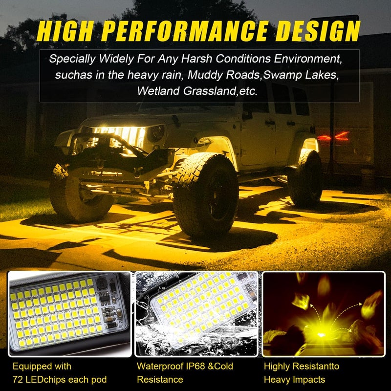 Nicoko 4Pods Pure Yellow 72 LEDs SMD Chips 72w High Power Rock Lights Super Bright Yellow Offroad Car Boat Underglow Lights IP68 Waterproof for Truck SUV UTV ATV RZR - Image 5