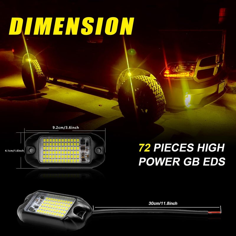 Nicoko 4Pods Pure Yellow 72 LEDs SMD Chips 72w High Power Rock Lights Super Bright Yellow Offroad Car Boat Underglow Lights IP68 Waterproof for Truck SUV UTV ATV RZR - Image 2
