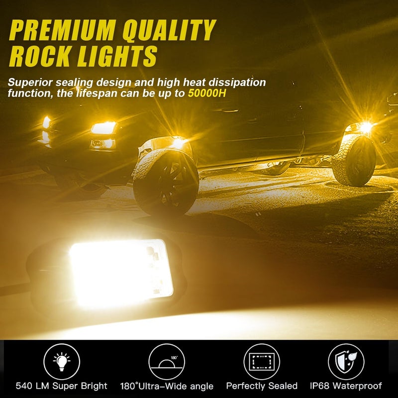 Nicoko 4Pods Pure Yellow 72 LEDs SMD Chips 72w High Power Rock Lights Super Bright Yellow Offroad Car Boat Underglow Lights IP68 Waterproof for Truck SUV UTV ATV RZR - Image 3