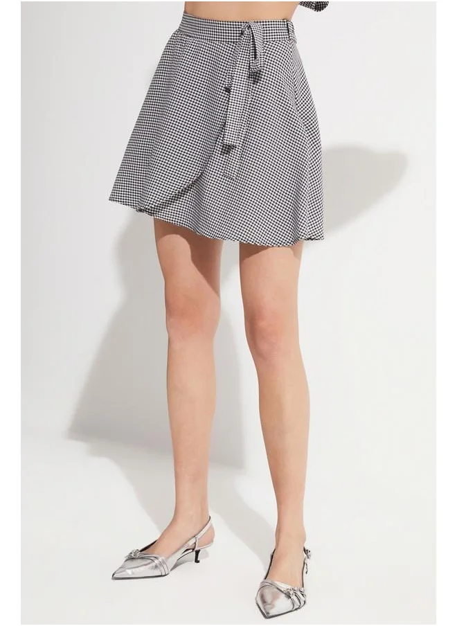 JUNE June Women Patterned Double Breasted Closure Flounce Mini Short Skirt Black