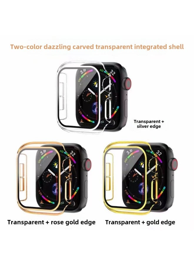 Suitable For Apple S10/98 Watch Case Two-color Dazzle-carved Tempered Shell Film Integrated Applewatch10 Protective Shell-Color:Black Rose Gold-Exterior Dimension:38mm