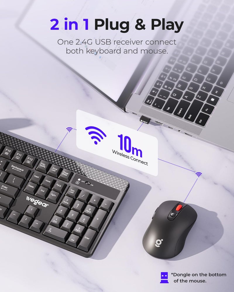wegear Wireless Keyboard and Mouse Combo, 5-Level Adjustable 4000 DPI Mouse, Quiet 2.4G Full Size Keyboard with 8 Additional Shortcuts, Silent Typewriter for PC, Desktop, Laptop, MacBook - Image 2