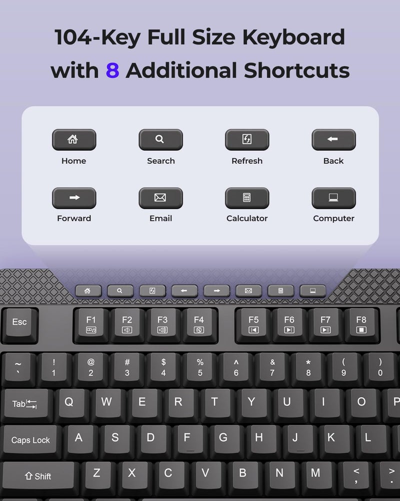 wegear Wireless Keyboard and Mouse Combo, 5-Level Adjustable 4000 DPI Mouse, Quiet 2.4G Full Size Keyboard with 8 Additional Shortcuts, Silent Typewriter for PC, Desktop, Laptop, MacBook - Image 3