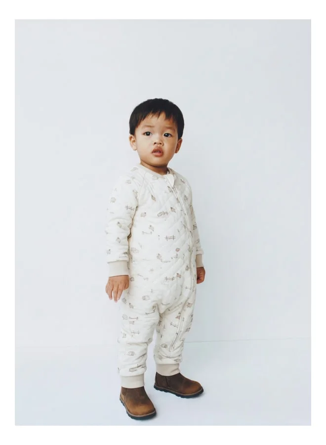 Magu Unisex Children’s Cotton Off-White Double-Zip Animal Print Sleepsuit