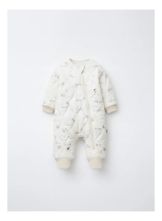 Magu Unisex Children’s Cotton Off-White Double-Zip Animal Print Sleepsuit