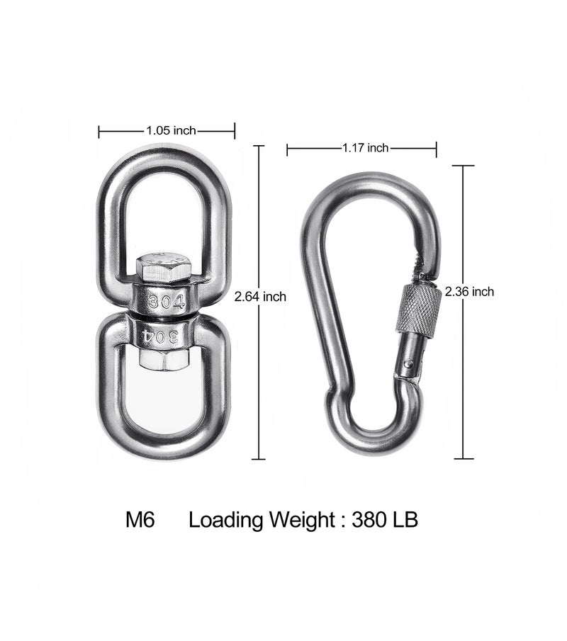 Velomill 2+1 Heavy Duty 304 Stainless Steel Swivel Ring Double Ended Swivel Eye Hook with SUS304 Snap Hooks for Web Tree Swing, Swing Spinner Hanger, Reliable and Safe (M6) - Image 4
