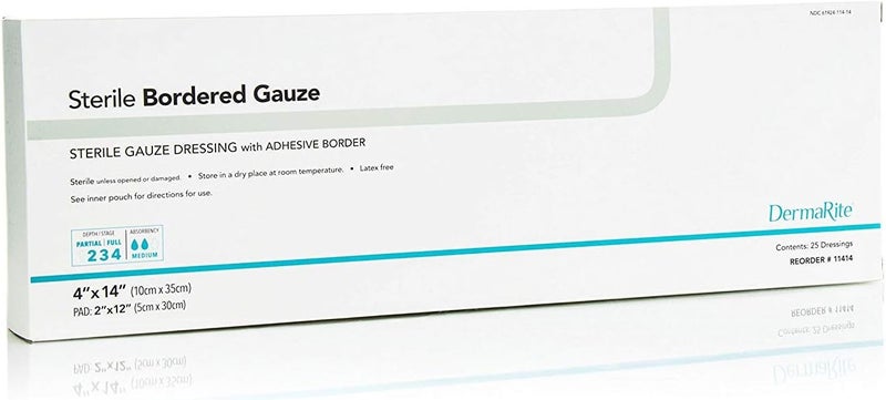 DermaRites Sterile Bordered Gauze Dressing with Adhesive Border  Flexible NonLinting Material FirstAid Individually Packaged  4 in x 14 in 1 Count 25 Packs 25 Total
