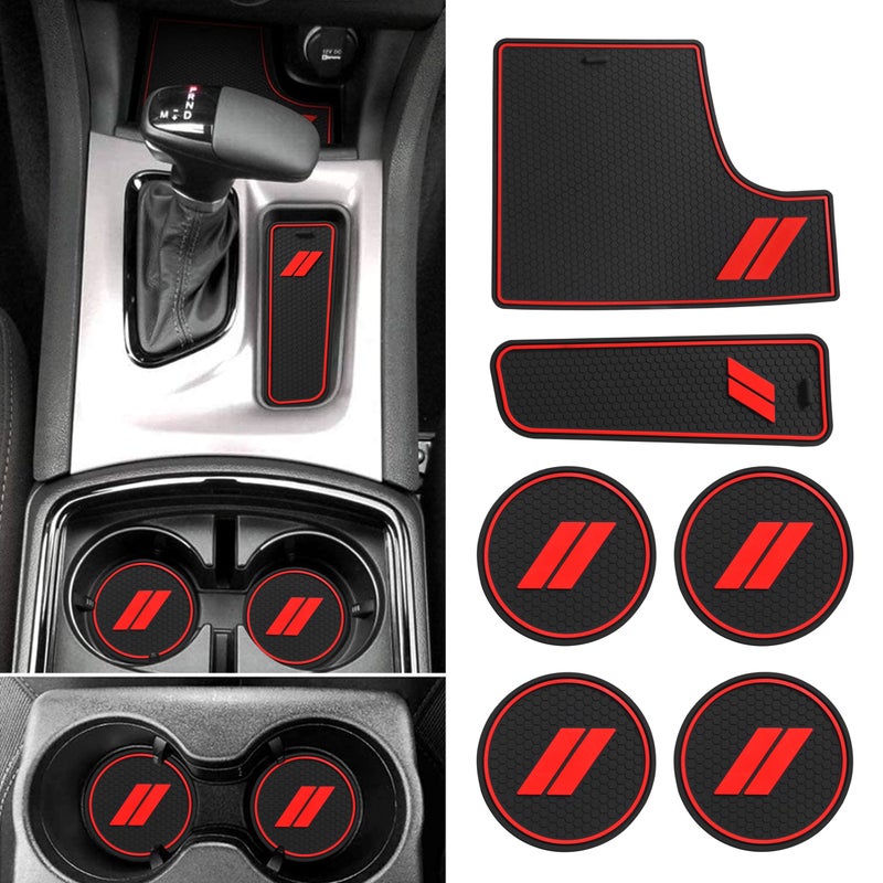 SENSHINE Anti Dust Cup Holder Insert for Dodge Charger Accessories 2015-2021 2022 2023 Non-Slip Center Console Shifter Liner Trim Premium Custom Interior Mats Pad 6Pcs Set (Red Trim) - Image 1