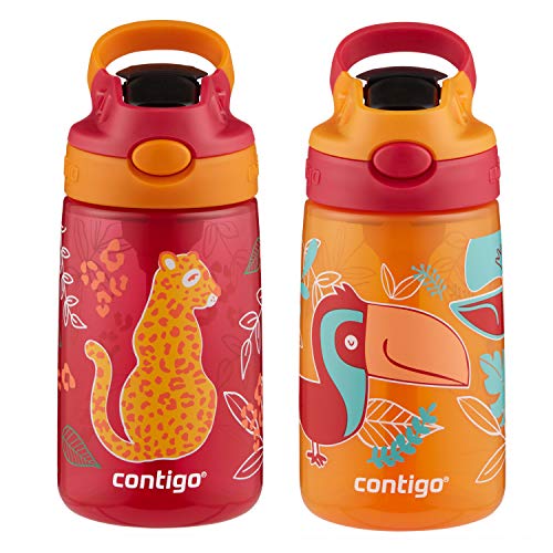 Contigo Aubrey Kids Water Bottle with Silicone Straw and SpillProof Lid 14 oz 2 Pack Cheetahs  Toucans