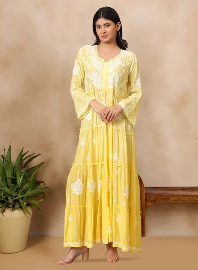 Alaya Hand Embroidered Chikankari A-Line Gathering Pattern Muslin Jalabiya-AL4003