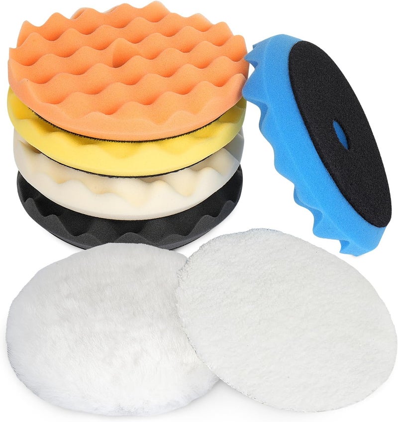 Autolock 6" Buffing Polishing Pads, 7Pcs 6Inch (150mm) Waffle Foam Buffing Pad, Wool Pad Kit for 6 in Backing Plate, Car Polisher Boat Compounding, Polishing and Waxing - Image 1