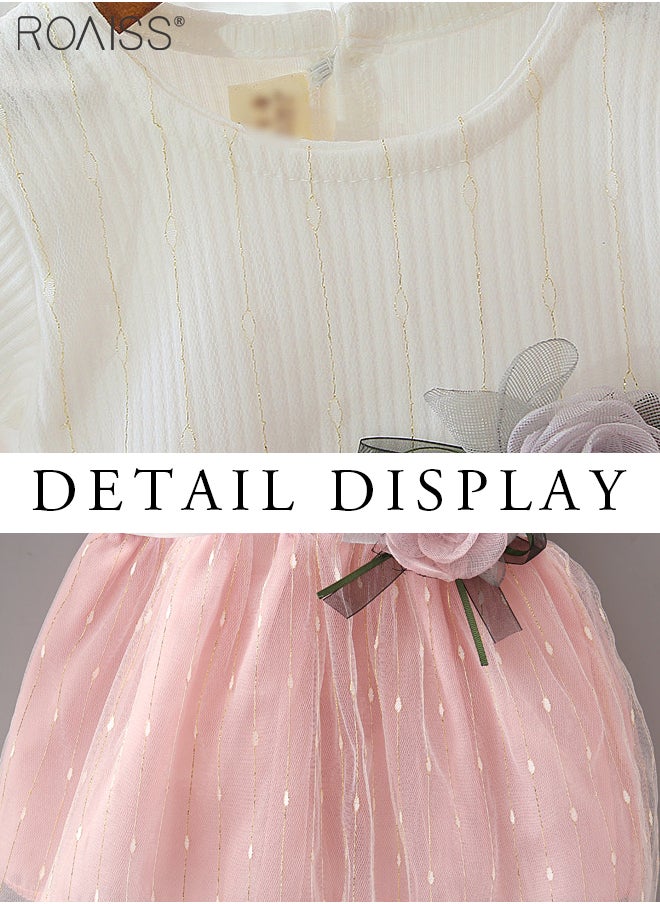 roaiss - Fashionable Threaded Knitted Splicing Mesh Dress For Baby Daily Cute Short-Sleeve Flower-Decorated Princess Dress - Image 1