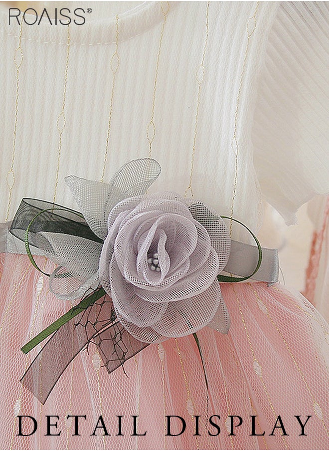 roaiss - Fashionable Threaded Knitted Splicing Mesh Dress For Baby Daily Cute Short-Sleeve Flower-Decorated Princess Dress - Image 1