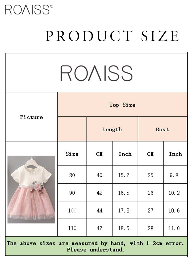 roaiss - Fashionable Threaded Knitted Splicing Mesh Dress For Baby Daily Cute Short-Sleeve Flower-Decorated Princess Dress - Image 1