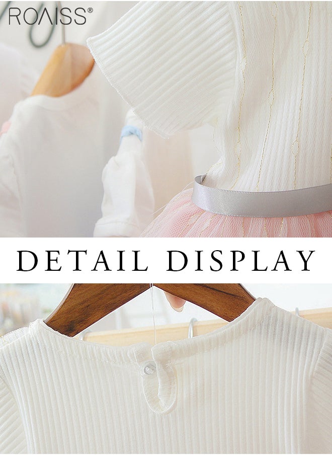 roaiss - Fashionable Threaded Knitted Splicing Mesh Dress For Baby Daily Cute Short-Sleeve Flower-Decorated Princess Dress - Image 1