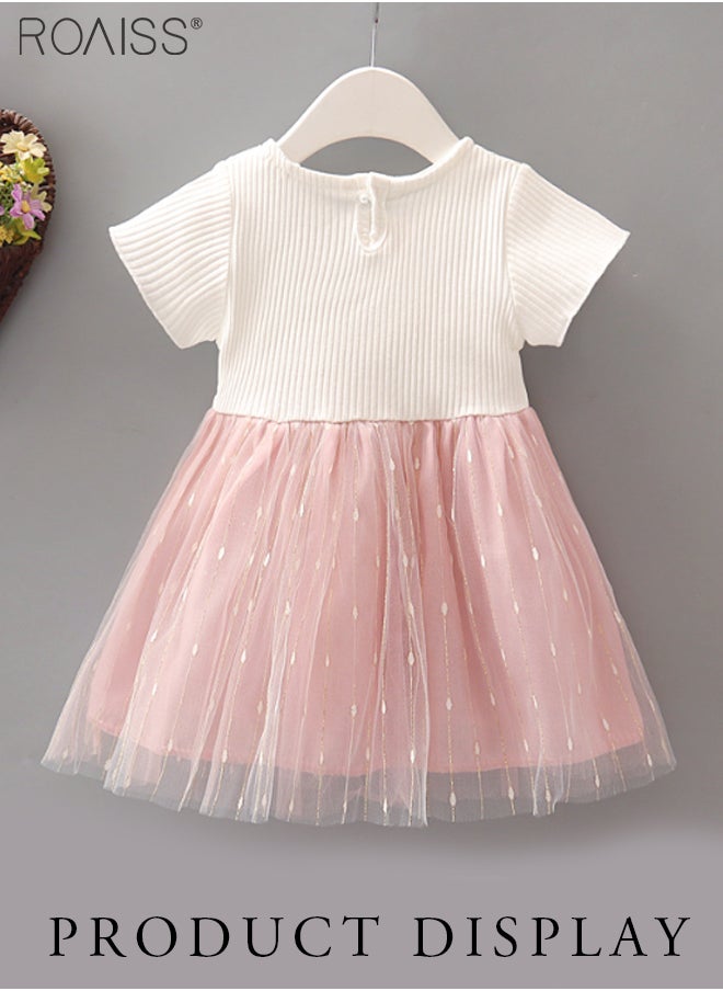 roaiss - Fashionable Threaded Knitted Splicing Mesh Dress For Baby Daily Cute Short-Sleeve Flower-Decorated Princess Dress - Image 1