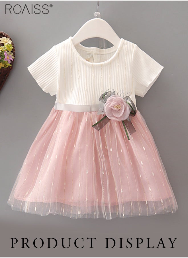 roaiss - Fashionable Threaded Knitted Splicing Mesh Dress For Baby Daily Cute Short-Sleeve Flower-Decorated Princess Dress - Image 1