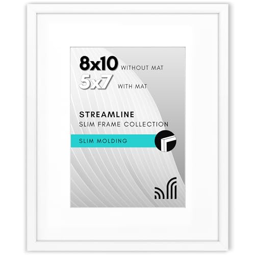 Americanflat 8x10 Picture Frame with ShatterResistant Glass  Use as 5x7 Frame with Mat or Display 8x10 Photo Without Mat  Streamline Collection  Picture Frames for Tabletop and Wall  White