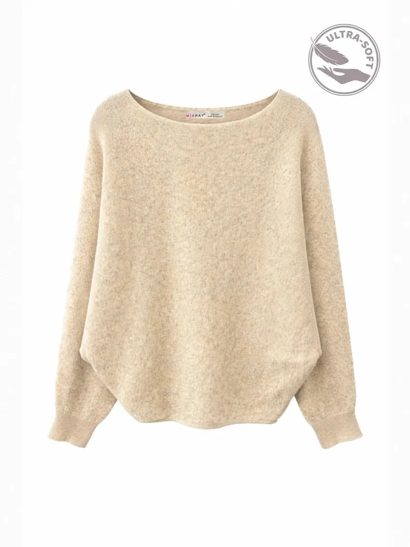 ميكسراي MIXRAY Oversized Boat Neck Ribbed Knit Sweater
