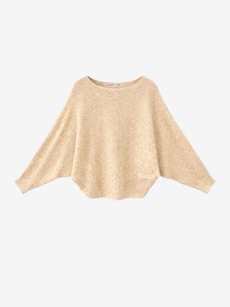 Mixray Beige Natural MIXRAY Oversized Boat Neck Ribbed Knit Sweater for Women | Best Price UAE