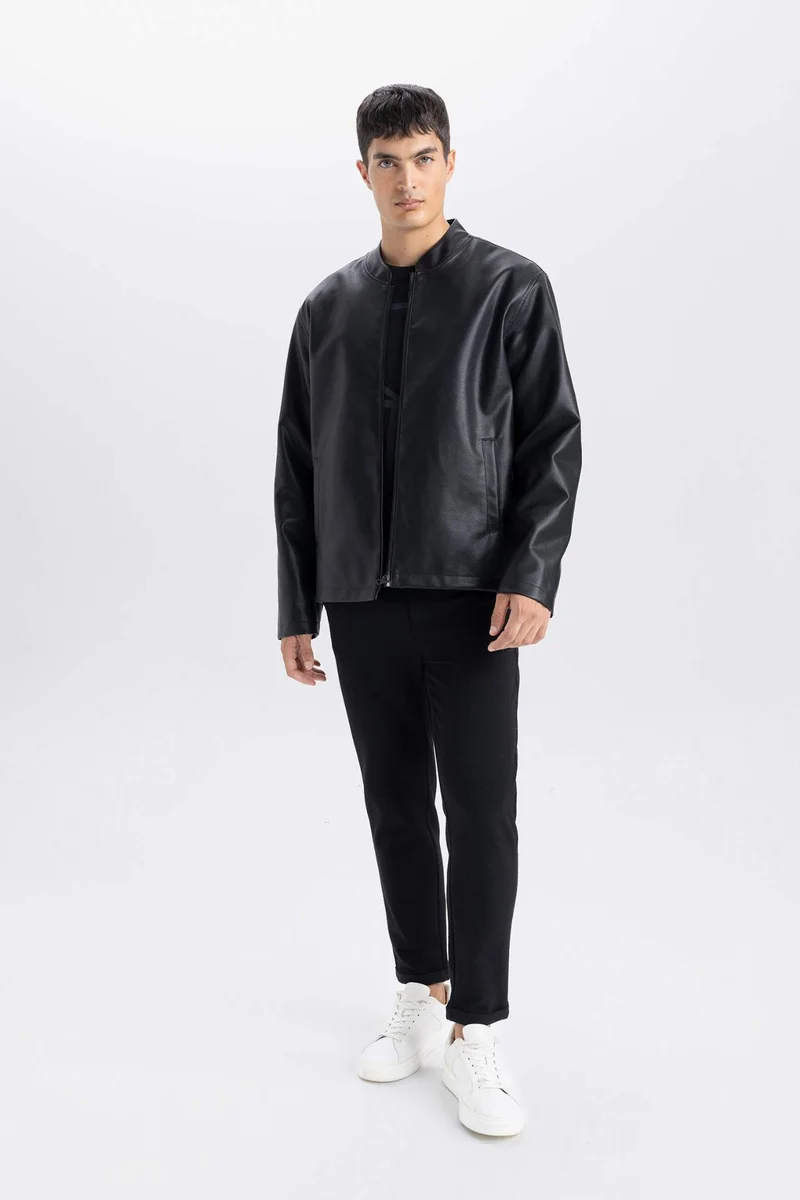 DeFacto Waterproof Slim Fit Stand Collar Zippered Faux Leather Jacket