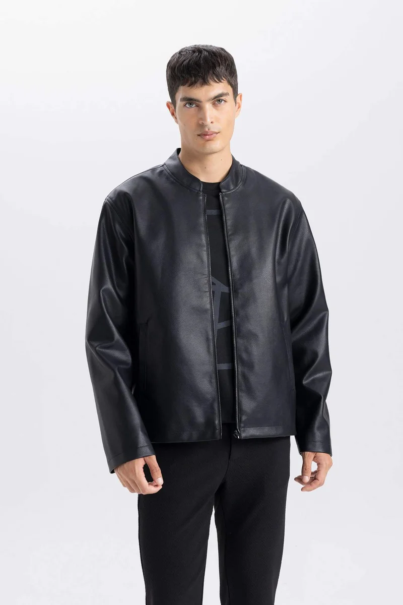 DeFacto Waterproof Slim Fit Stand Collar Zippered Faux Leather Jacket