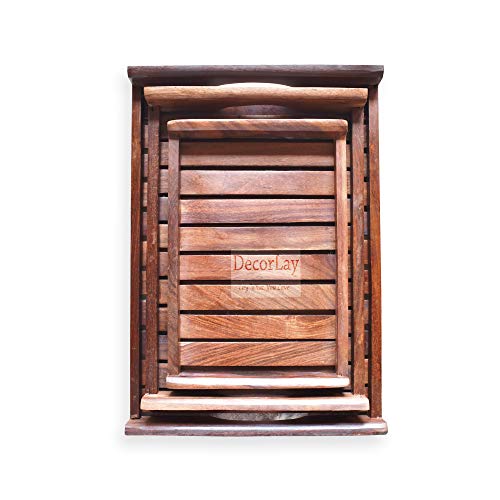 Decorlay Handmade Wooden Platter For Your Kitchen & Dining Table Serving Tray Set For Tea, Coffee & Snacks Breakfast (Wooden Tray) | Set Of 3 | Color Brown - Image 2
