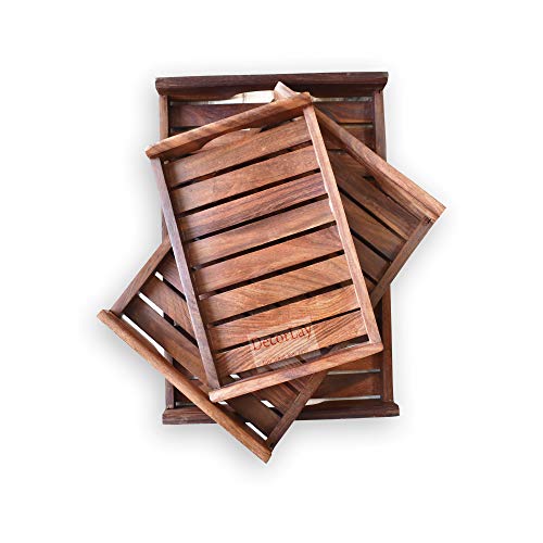 Decorlay Handmade Wooden Platter For Your Kitchen & Dining Table Serving Tray Set For Tea, Coffee & Snacks Breakfast (Wooden Tray) | Set Of 3 | Color Brown - Image 1