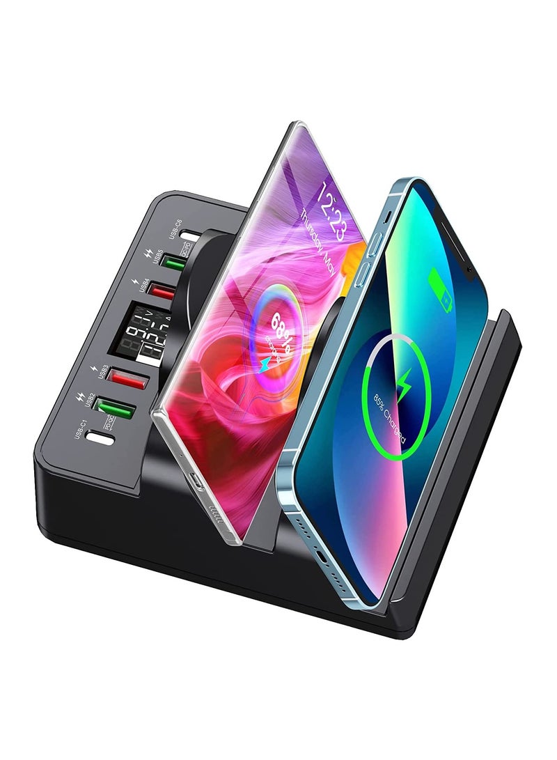SYOSI 8 in 1 Wireless Charging Station with 6 USB Ports, 15W Dual Wireless Charger Charging Hub  2 QC/2 PD Fast Charging Station, 80W Phone Charger for iPhone14/13/12/11/X/Xr/Xs/8/Samsung/Android/iWatch  - Image 1