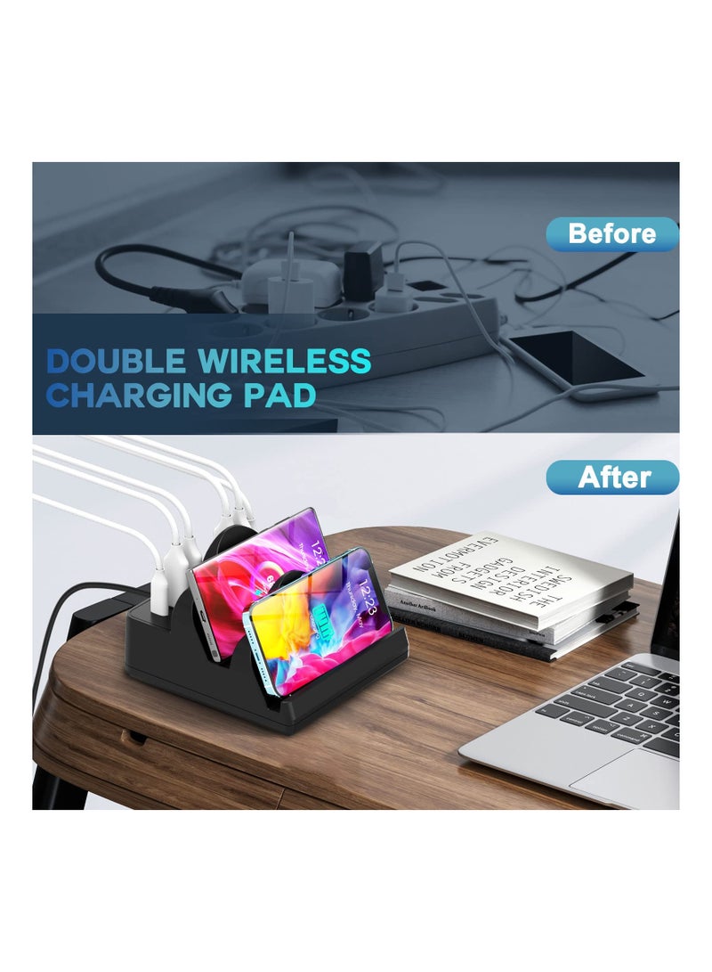 SYOSI 8 in 1 Wireless Charging Station with 6 USB Ports, 15W Dual Wireless Charger Charging Hub  2 QC/2 PD Fast Charging Station, 80W Phone Charger for iPhone14/13/12/11/X/Xr/Xs/8/Samsung/Android/iWatch  - Image 4