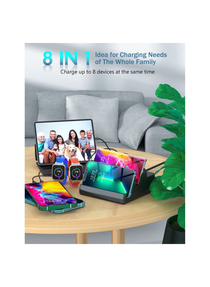 SYOSI 8 in 1 Wireless Charging Station with 6 USB Ports, 15W Dual Wireless Charger Charging Hub  2 QC/2 PD Fast Charging Station, 80W Phone Charger for iPhone14/13/12/11/X/Xr/Xs/8/Samsung/Android/iWatch  - Image 3