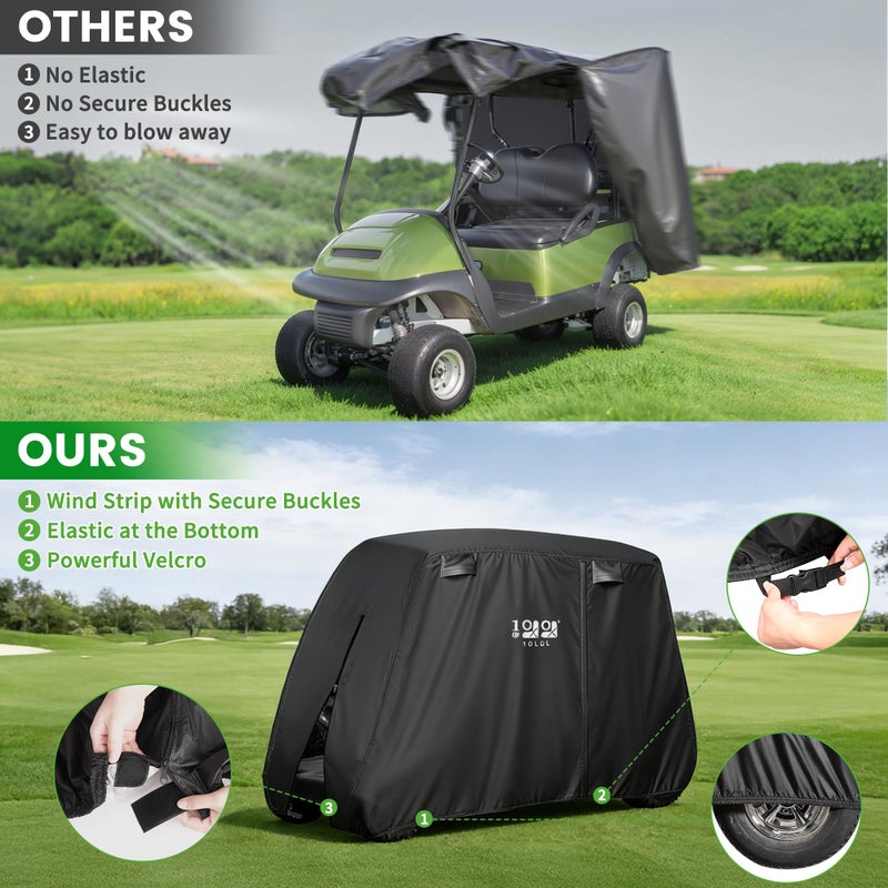 10L0L Golf Cart Cover 2/4/4+2 Passenger for Yamaha EZGO Club Car, Heavy Duty 420D Waterproof Windproof Durable Polyester Golf Cart Cover with 3 Zipper Doors for All-Weather Protection - Black - Image 3