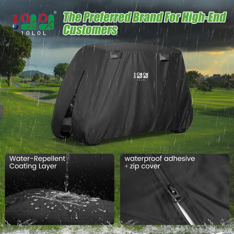 10L0L Golf Cart Cover 2/4/4+2 Passenger for Yamaha EZGO Club Car, Heavy Duty 420D Waterproof Windproof Durable Polyester Golf Cart Cover with 3 Zipper Doors for All-Weather Protection - Black - Image 2