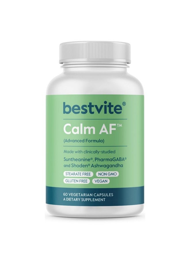 BESTVITE - Calm AF (Advanced Formula) (60 Veggie Caps) - Clinically Studied Shoden Ashwagandha, Suntheanine L Theanine, PharmaGABA - No Stearates - Vegan - Non GMO - Gluten Free - Ashwagandha & GABA Supplements - Image 1