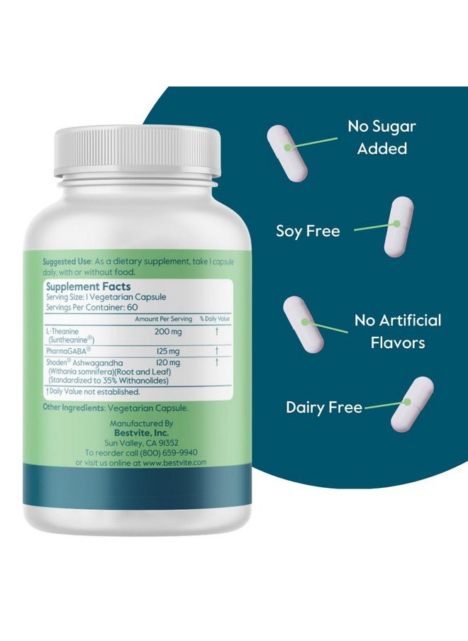 BESTVITE - Calm AF (Advanced Formula) (60 Veggie Caps) - Clinically Studied Shoden Ashwagandha, Suntheanine L Theanine, PharmaGABA - No Stearates - Vegan - Non GMO - Gluten Free - Ashwagandha & GABA Supplements - Image 1