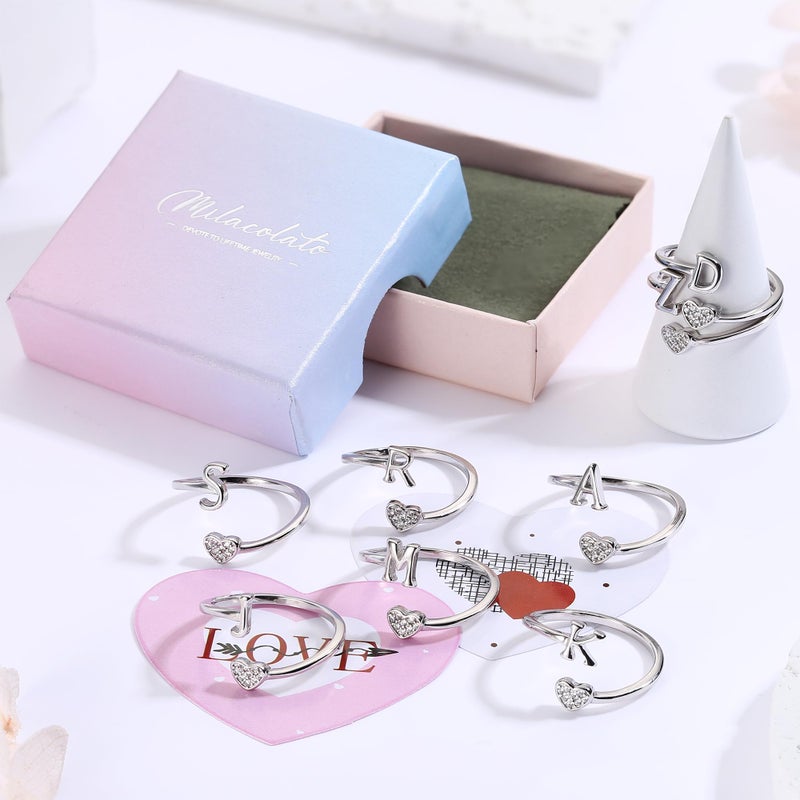 MILACOLATO 925 Sterling Silver Ring 18K White Gold Plated Initial Heart Rings Adjustable Capital Letter Initial Rings for Women Stackable Thumb Pinky Rings Trendy Stuff, C - Image 5