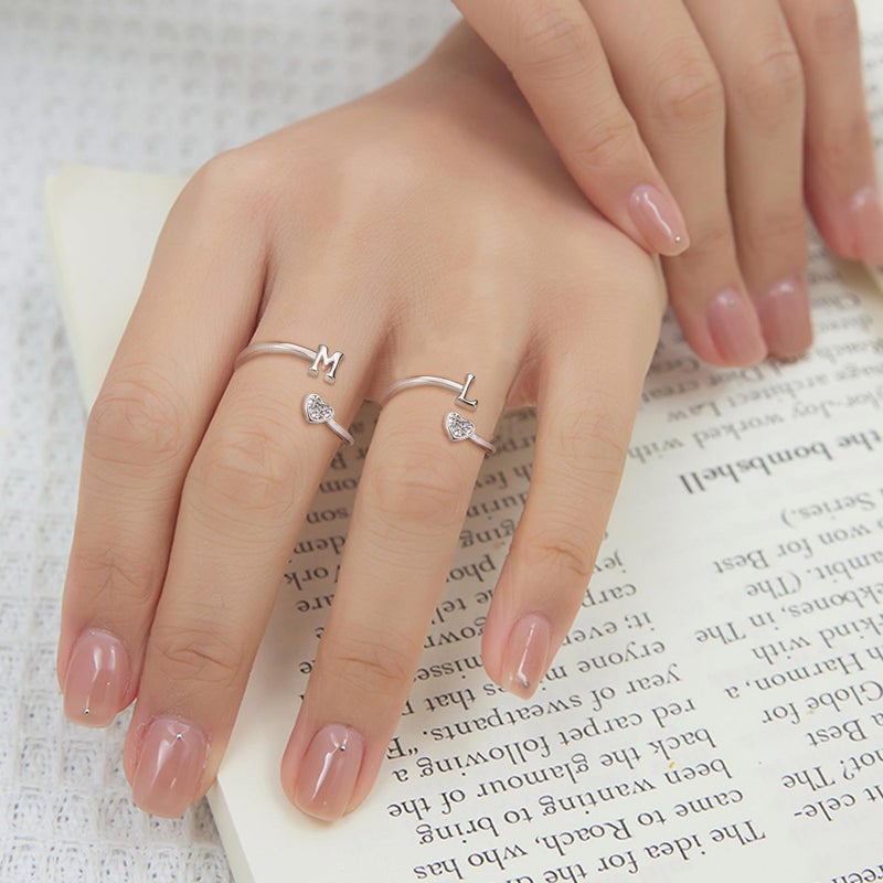 MILACOLATO 925 Sterling Silver Ring 18K White Gold Plated Initial Heart Rings Adjustable Capital Letter Initial Rings for Women Stackable Thumb Pinky Rings Trendy Stuff, C - Image 3