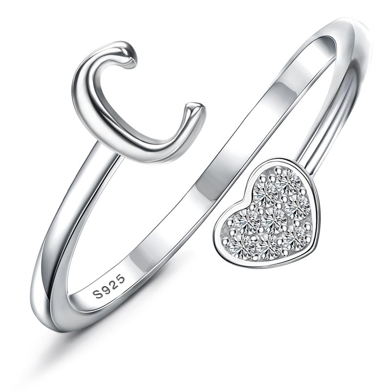 MILACOLATO 925 Sterling Silver Ring 18K White Gold Plated Initial Heart Rings Adjustable Capital Letter Initial Rings for Women Stackable Thumb Pinky Rings Trendy Stuff, C - Image 1