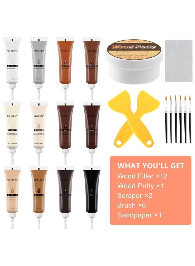 SEISSO Wood Filler Wood Putty and Wood Furniture Repair Kit - 12 Colors Floor Furniture Touch Up Kit, Cover Surface Scratch for Wooden Floor Table, with Water-Based 200 g Putty, 6 Brushes 2 Scraper - Image 2