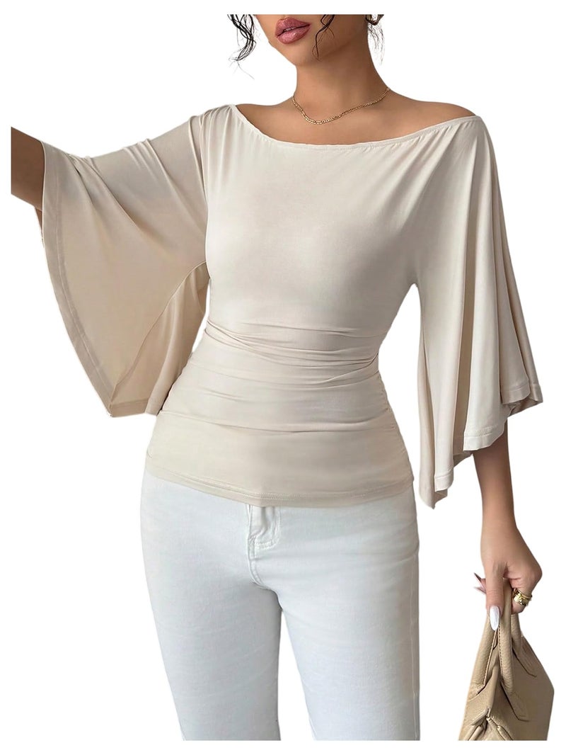 OYOANGLE Women's Bell Sleeve Tops Off The Shoulder T Shirts Slim Fitted Dressy Casual Blouses Apricot Large - Image 1