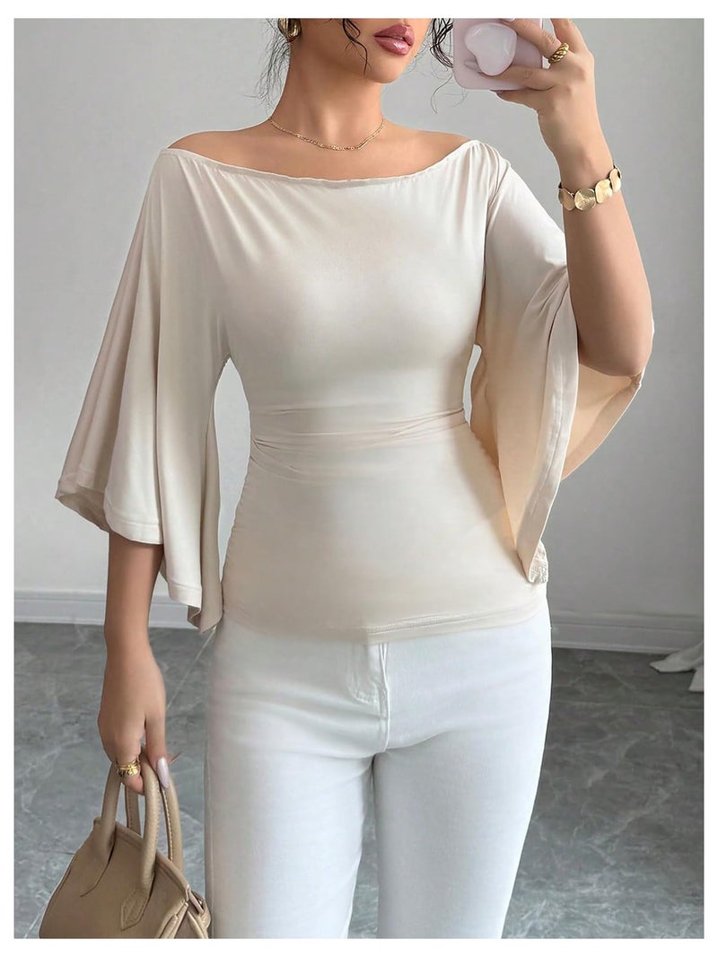 OYOANGLE Women's Bell Sleeve Tops Off The Shoulder T Shirts Slim Fitted Dressy Casual Blouses Apricot Large - Image 2