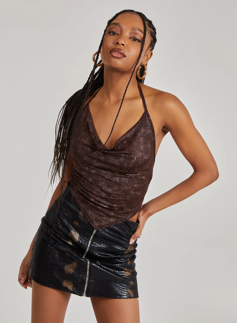 Pink Vanilla Foil Cowl Neck Handkerchief Top