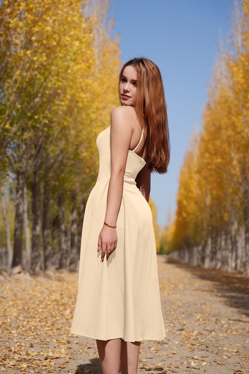 Memoriesea Women's Elegant Square Neck Swing A Line Wedding Evening Party Midi Dress Apricot - Image 3