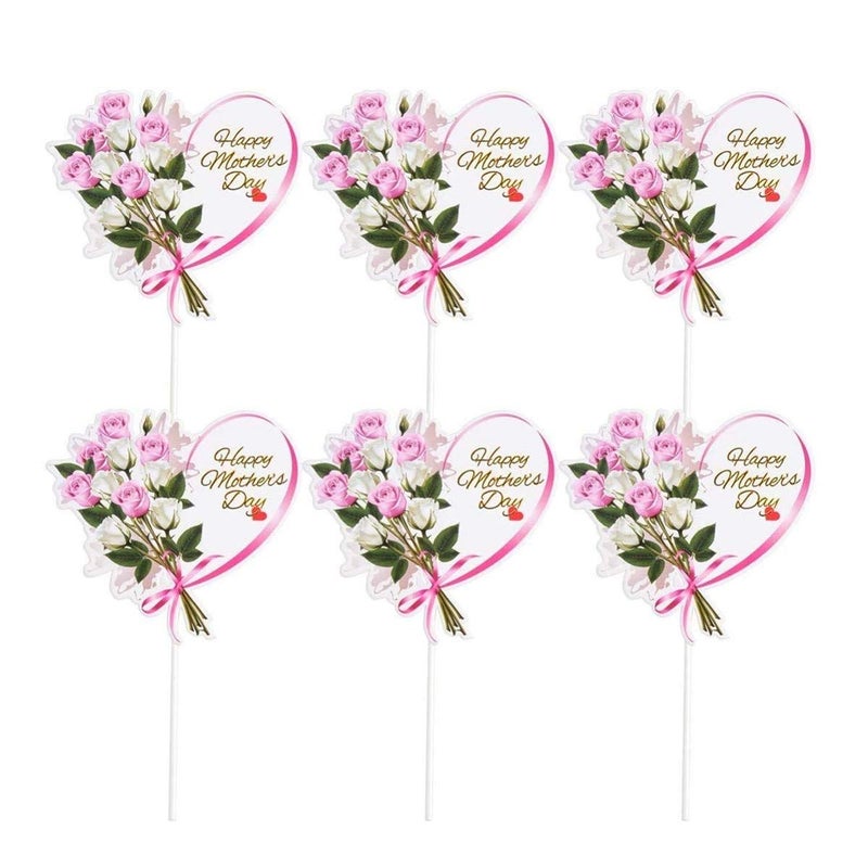JANOU 12pcs Happy Mothers Day Cake Toppers Heart Flower Cupcake Picks Cake Decoration for Birthday Mothers Day Party Favors - Image 3