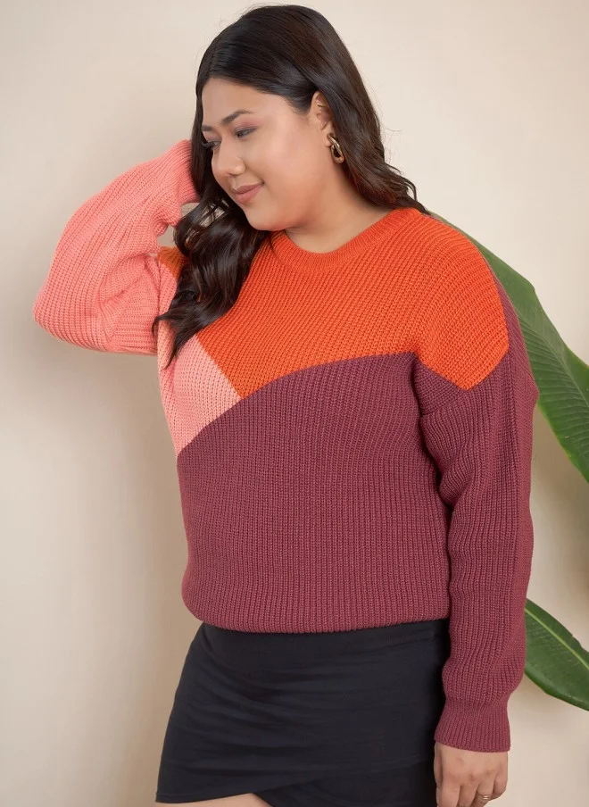 CURVY STREET Colourblocked Acrylic Pullover for Women