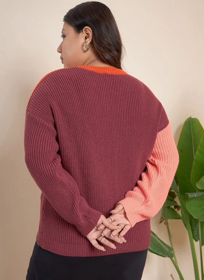 CURVY STREET Colourblocked Acrylic Pullover for Women