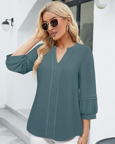Unixseque Blouses for Women Dressy Casual: 3/4 Sleeve Work Tops for Women Office Womens Dress Shirts Business Attire Professional Formal Blouse Fall Interview Outfits Ladies Fall Clothes Blue - Image 3