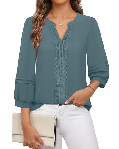 Unixseque Blouses for Women Dressy Casual: 3/4 Sleeve Work Tops for Women Office Womens Dress Shirts Business Attire Professional Formal Blouse Fall Interview Outfits Ladies Fall Clothes Blue - Image 1