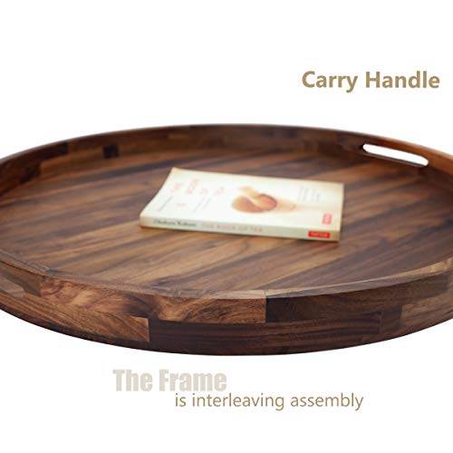 MAGIGO 24 Inches Extra Large Round Black Walnut Wood Ottoman Tray with Handles, Serve Tea, Coffee or Breakfast in Bed, Classic Circular Wooden Decorative Serving Tray - Image 3