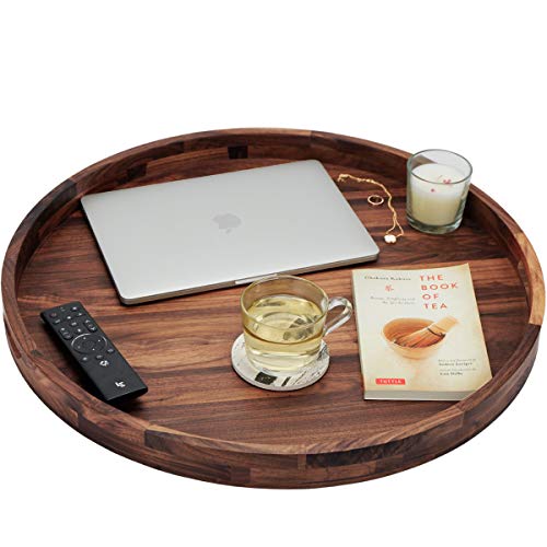 MAGIGO 24 Inches Extra Large Round Black Walnut Wood Ottoman Tray with Handles, Serve Tea, Coffee or Breakfast in Bed, Classic Circular Wooden Decorative Serving Tray - Image 5
